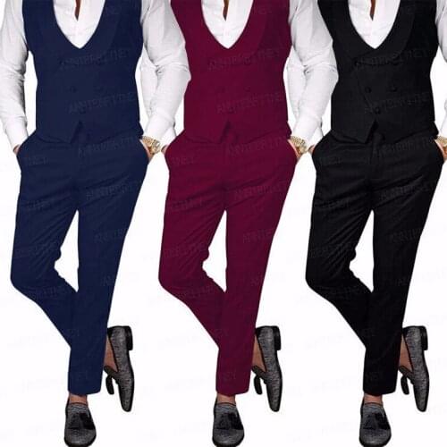 Latest Black Double Breasted Men Suit Vest with Pants 2 Pieces Set Groom Best Man Wedding Tuxedo Tailored Pink Oversize Clothes