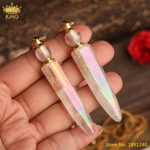 Natural Quartz Crystal Perfume Bottle Pendant For Women AB White Quartz Essential Oil Diffuser Vials Gold Necklace Jewelry