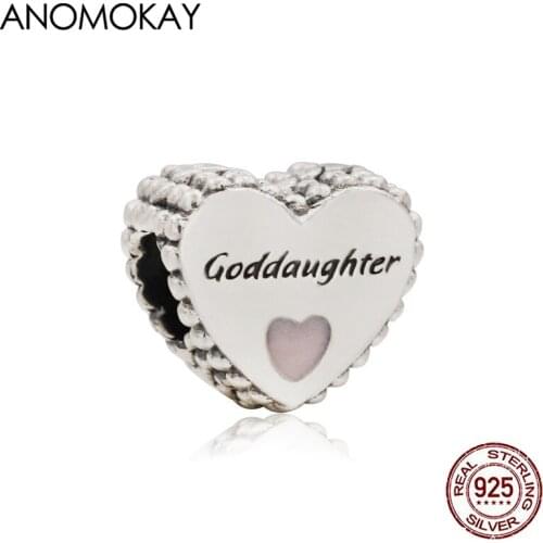 Anomokay New Arrival Goddaughter Letter 925 Silver Heart Charm fit Bracelet Bangle Pink Enamel Love Beads for Diy Jewelry Making