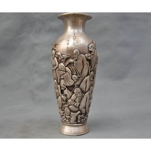 Details about 8'' China Silver Bronze Vase Carve Arhat Buddha Bronze gifts Vase Garden Decoration Brass Bronzeroom Art