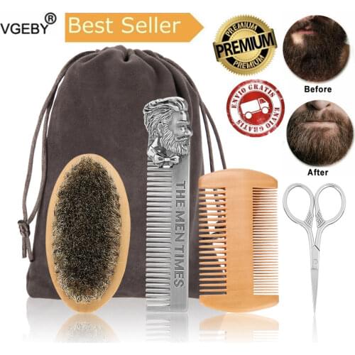 Beard Brush Set Double-sided Styling Comb Scissor Repair Modeling Cleaning Care Kit for Men Wood Beard Kit with Bag