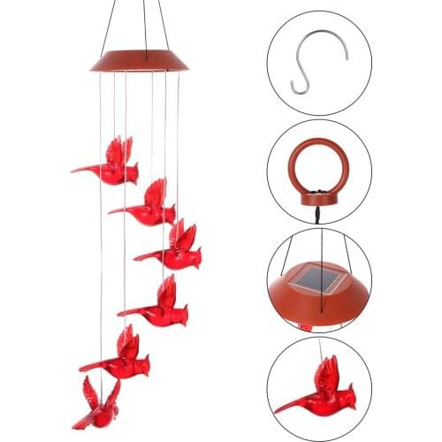 Solar Red Hummingbird Wind Chime Lights LED Colorful Slow Flashing Cardinal Red Bird Wind Bell Light Garden Decoration