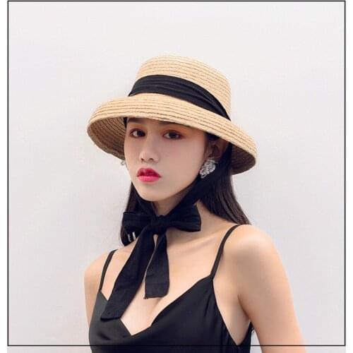 Summer Raffia Straw Hat Women Fashion Handmade Flat Top Sun Hat With White Black Ribbon Tie Sun Hat Beach Hat Sun Protection Cap