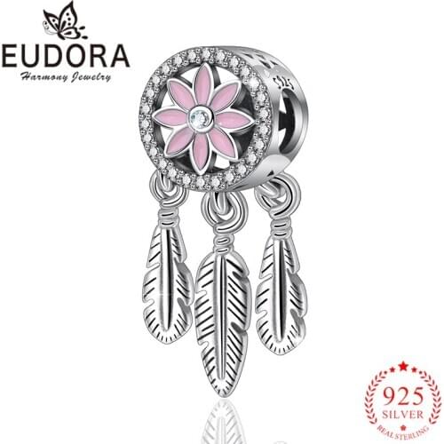 Eudora Genuine 925 Sterling Silver Dreamcatcher Charms Pendant fit Women Necklaces Bracelets Pink Flower Beads Jewelry Making