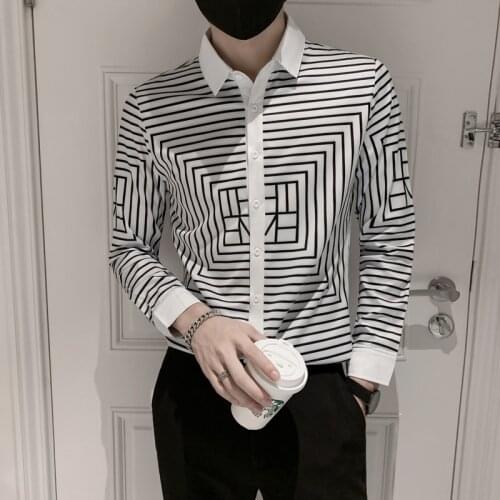 M-4XLmens Shirts Tops Street Wear Cube Striped Print Slim Fit Camisa Masculina Manga Longa Stage Club Male Brand Casual Shirt