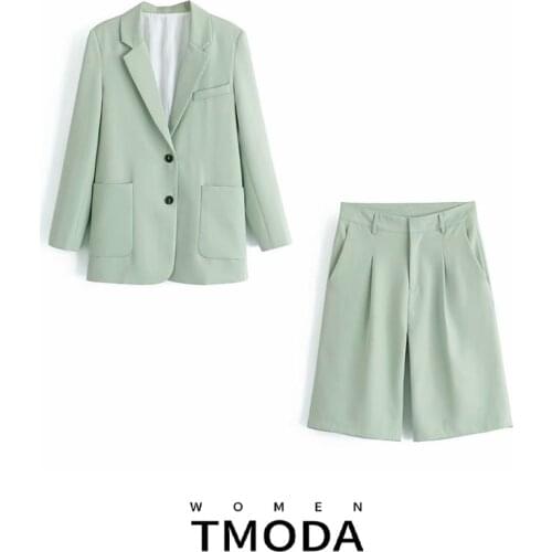 TMODA566 2021 Women Summer OL Office Two Piece Set Solid Pockets Blazer Jacket Coat+Zipper Shorts Suits Female Casual Loose Tops