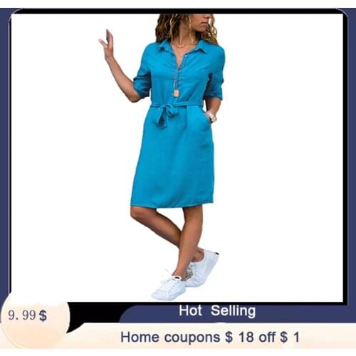 Fashion Turn-down Collar Party Autumn Shirt Dress Women Solid Three Quarter Sleeve Summer Dress Plus Size Casual Vestidos Robe
