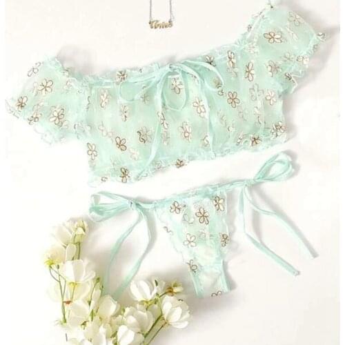 Womens Sexy Perspective Erotic Lingerie Lace Floral See-through Mesh Frill Crop Top Thong Underwear Set Nightwear Beachwear
