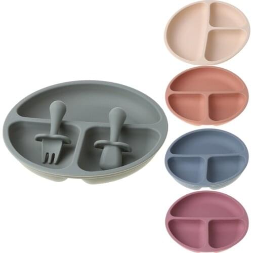 3Pcs/set Baby Silicone Tableware Solid Color Dinner Plate Spoon For Children 69HE