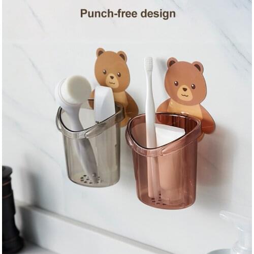 Bathroom Accessories Cute Cartoon Bear Wall Mount Toothbrush Holder Cup Punch Free Storage Rack Bathroom Supplies Organizer