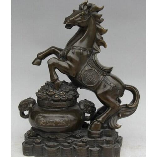 FREE SHIPPING S1963 17 Chinese Bronze Folk Wealth treasure bowl Zodiac Year Horse Statue sculpture