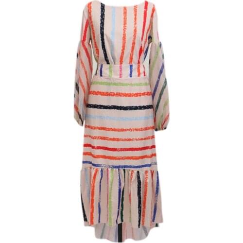 Rainbow Stripe Print Long Dress Puff Lantern Sleeve Dress Round Neck Two-piece Set Dress
