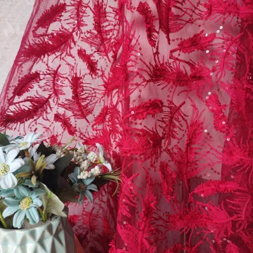 Quality gauze fabric Wine red feather sequins tissu High grade wedding dress one-piece dress patchwork