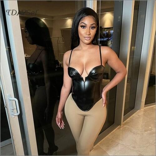 Summer Spaghetti Strap PU Leather Tops Sleeveless Womens Sexy Corset Crop Tops Vest Lady PU Sling Tank Top Zip Beach Underwear