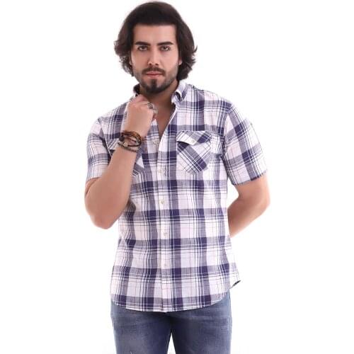 ALTEGRO % 100 COTTON SHORT SLEEVE DOUBLE POCKET COVER PLAID MEN 'S SHIRT (WHITE DARK BLUE)