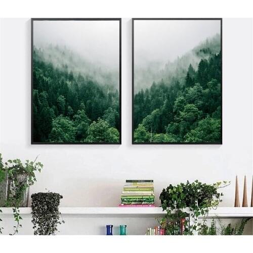 Fog Forest Landscape Wall Art Canvas Painting Nordic Poster Green Tree Prints Nature Posters Wall Pictures For Living Room Decor