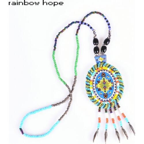 Bohemia tassel Long strand colorful big Ellipse Ceramic Pendant necklaces resin beadsTassel ethnic Statement Necklace