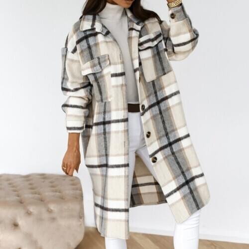 Winter Women Jacket Turn Down Overcoat Warm Plaid Long Coat Oversize Wool Blends Female Streetwear