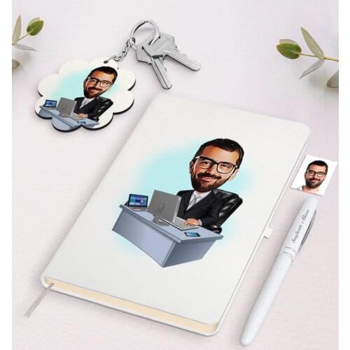 Personalized Men 'S General Manager Caricature Of White Notebook pen And Keychain Gift Set Reliable Quality Gift Everyday moment