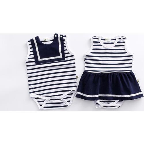 Newborn Baby Boy Sailor Collar Girl Dresses Striped Baby Rompers Summer Sleeveless Jumpsuit Outfit Twins Clothing Free Shipping