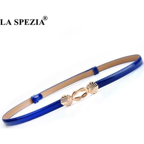 LA SPEZIA Thin Women Belt Double Buckle Blue Ladies Dress Belts Fashion Real Leather Cowskin Female Brand Narrow Waist Belts