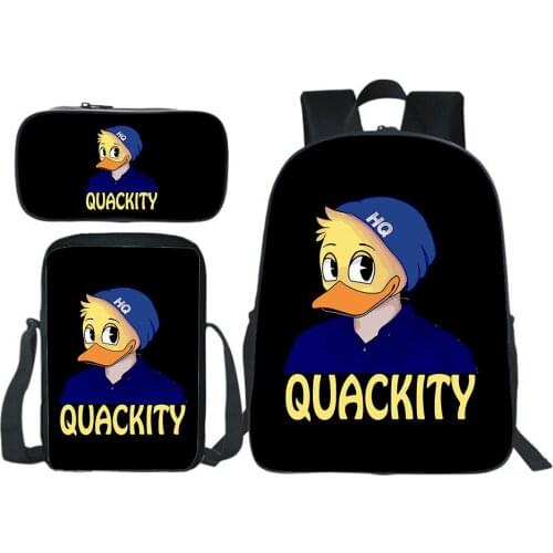 Quackity Backpack 3pcs Set Fashion Pencil Case Shoulder Bag Children Bookbag Boy Girl Bag Teen Rucksack Students Mochila Gift