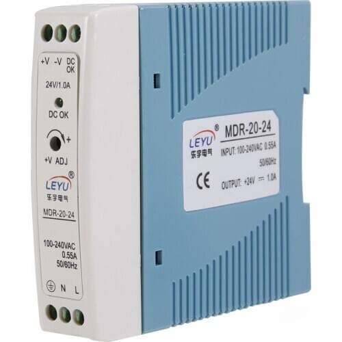 New type 24V 20W din rail led transformer MDR-20-24 high efficiency SMPS din rail with color body DC OK relay