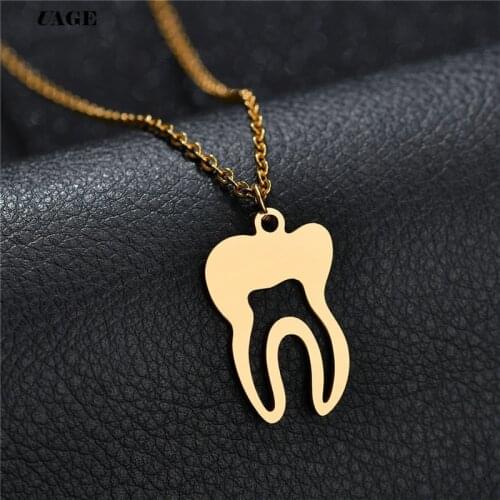 UAGE Silver Color Gold Kids Jewelry Stainless Steel Tooth Teeth Molar Pendant Short Chain Collar Necklace
