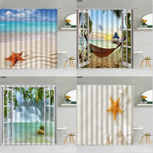 Beach Ocean Shower Curtain Starfish Shells Landscape Waterfall Green Bamboo Bathroom Supplies Cloth Curtains Home Decor Washable