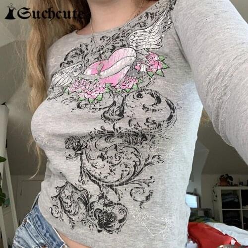 SUCHCUTE Retro Print Women T-shirts Harajuku Aesthetic Grunge Casual Cropped Tops Vintage Streetwear Gray Elegant Female y2k Tee