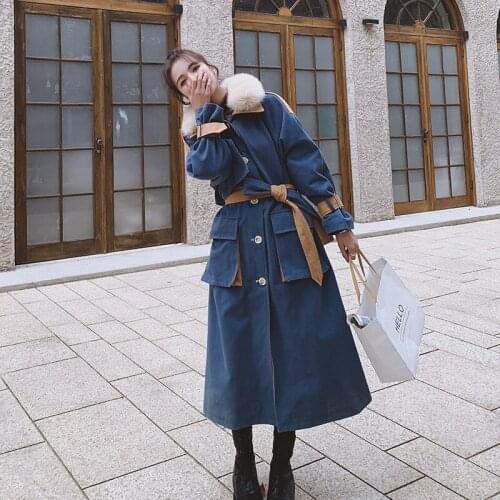 Womens Winter Parker Cotton Clothing Long Blue Plus Velvet Thick Fur Collar Windproof Coat Jacket Loose Stitching Ladies Cloak