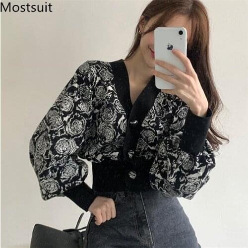 Korean Vintage Rose Knitted Cardigan Sweater Women 2020 Winter Single-breasted V-neck Lantern Sleeve Elegant Ladies Tops Jumpers