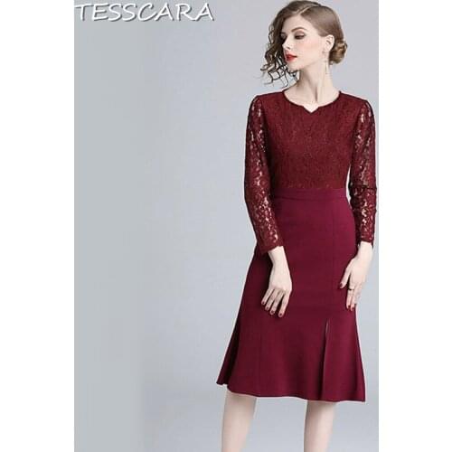 TESSCARA Women Elegant Lace Dress Festa Female Vintage Designer Party Vestidos High Quality Office Lady Pencil Retro Robe Femme