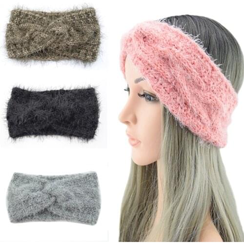 Winter Mink Fur Cross Headbands Solid Plush Twist Knitted Turbans for Women Girls Ear Warmer Stretch Hairbands Hair Accessories
