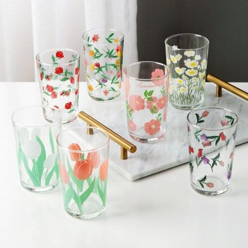450ml 7 Colour Flower Tulip Daisy Wine Glass Juice Cup Printing Rose Cosmos Flower Creative Oriole Tumbler Drinking Set Gift