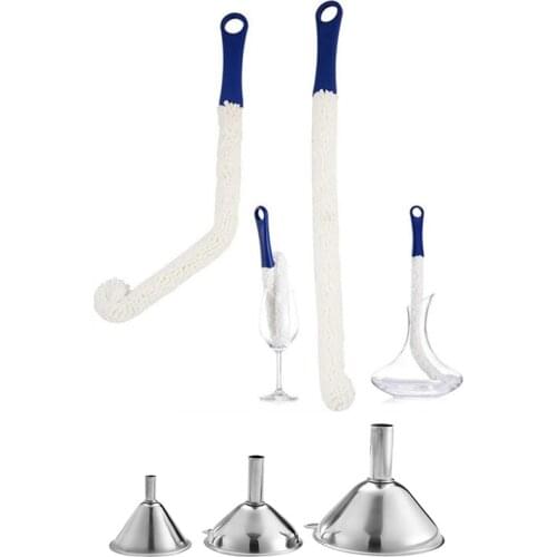 Bottle Cleaning Brush - Set of 2 Flexible Bottle Scourer & 3Pcs Multifunctional Stainless Steel Funnel