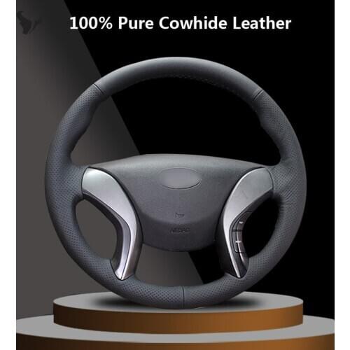 Black Genuine Leather Steering Wheel Cover for Hyundai Elantra 2011 2012 2013 2014 Avante I30