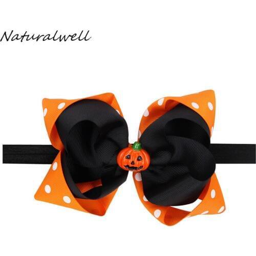 Naturalwell Kids Pumpkin headband Baby girls Halloween headbands Orange Hair bows Hair accessories Newborn Photo Prop HB623