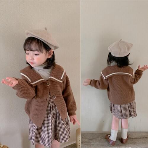 Childrens Sweater Vintage 2021 Jacket Princess Navy Collar Cardigan Sweater Overalls for Children Baby Girl Winter Clothes