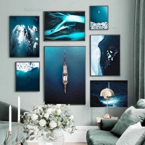 Nordic Canvas Painting Blue Sea Glacier Whale Boat Aurora Wall Art Posters and Prints Seascape Pictures Living Room Home Decor