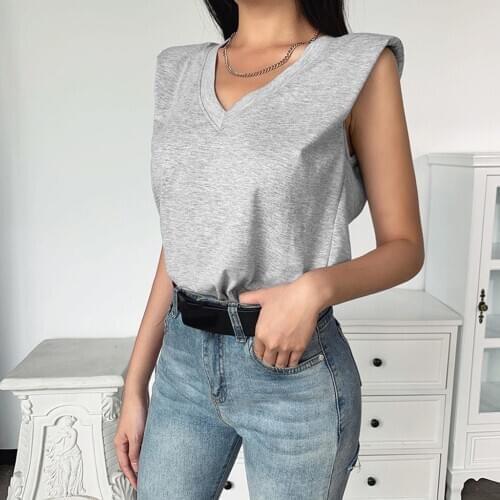 Summer Ladies Fashion Solid Colors Sleeveless V-neck T-shirt With Shoulder Pad Loose Sport Basic Tee Plus Size ropa mujer#g3
