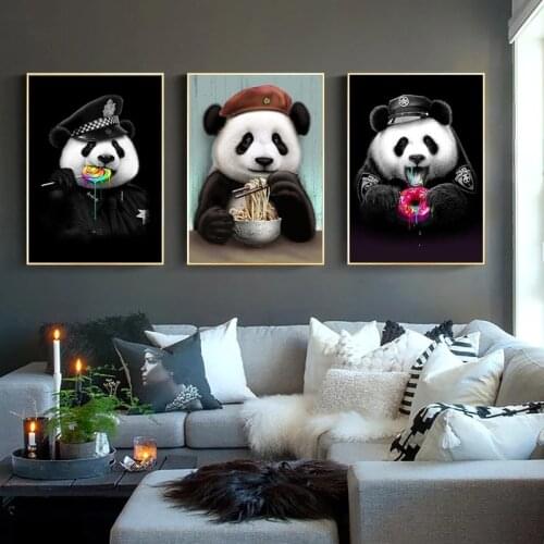 Canvas Painting Funny Art Cute Cartoon Animals Panda Eating Poster Print Wall Art for Living Room Home Decor Cuadros