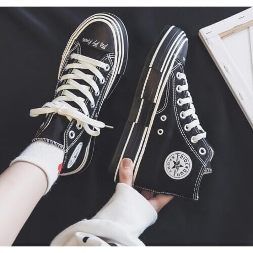 Female Gumshoes Black White Autumn New Fashion Trends Women Sneakers Canvas Casual Shoes Flat Heel High Lacing 35-40 All Match