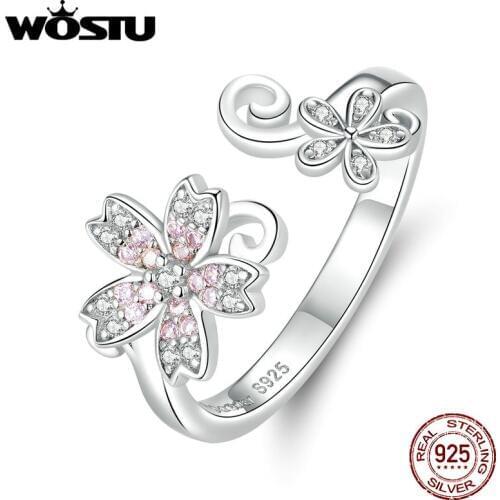WOSTU Real 925 Sterling Silver Sakura Flower Ring For Women Pink Zircon Open Size Rings Wedding Engagement ewelry CTR086