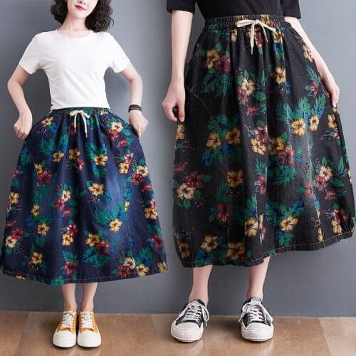Korean 2021 Summer New Print Denim Skirt Female Retro Loose Casual Wild Slim Plus Size Women Midi Saias Jeans Mujer Faldas zh968
