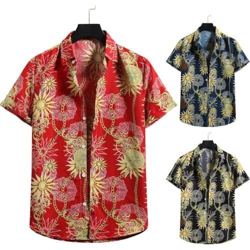 Men Summer Shirt, Floral Chains Print Turn-Down Collar Short Sleeves Single-Breasted Blouse for Boys, 3 Colors