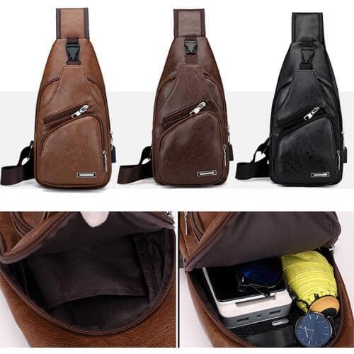 NEW Men Sport Chest Bag Vintage PU Zipper Open Crossbody Bag with Earphone Holes