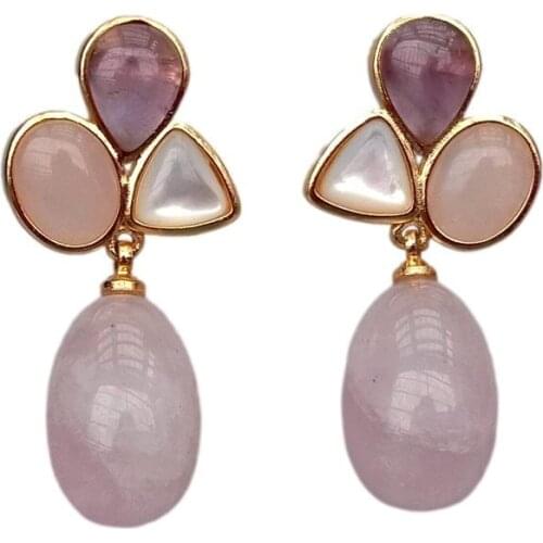 Y.YING Natural Rose Quartz Egg Shape Amethyst Teardrop White Shell Dangle Stud Earrings
