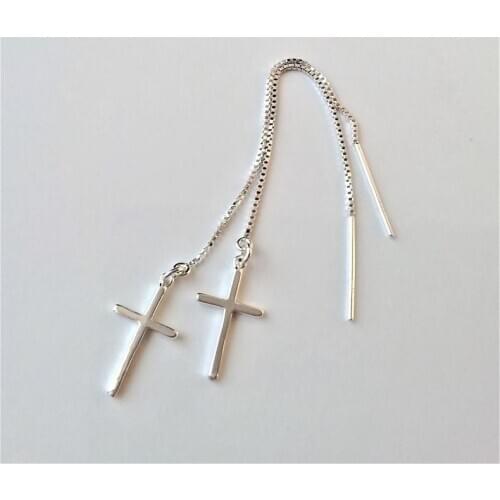 Sterling Silver Cross Threader Earrings, Silver Dangle Earrings, Cross Earrings