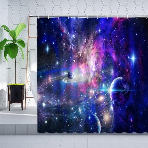 Dream Universe Starry Sky Shower Curtain Planet Purple Blue Black Galaxy Scenery Bathroom Polyester Cloth Hanging Curtains Sets